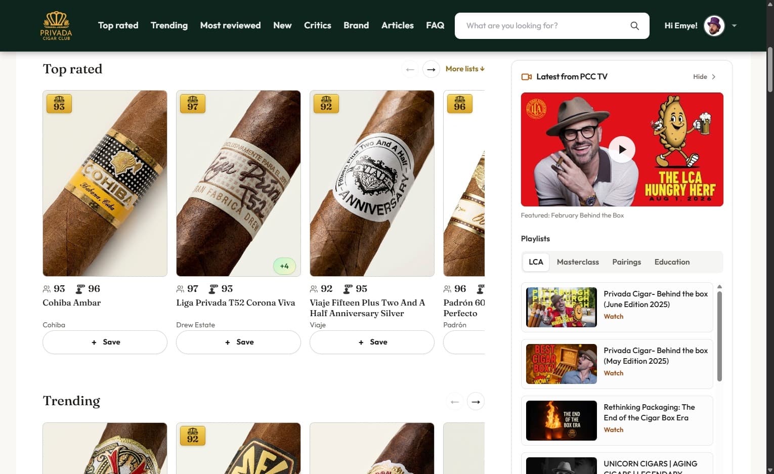 Privada ratings hub — discovery home with PCC TV video thumbnails