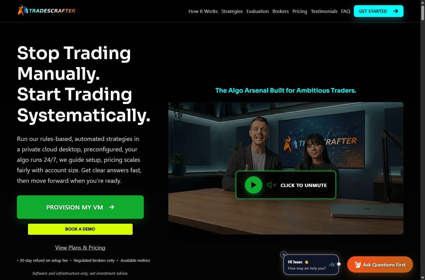 TradesCrafter welcome funnel — hero with floating voice lead capture