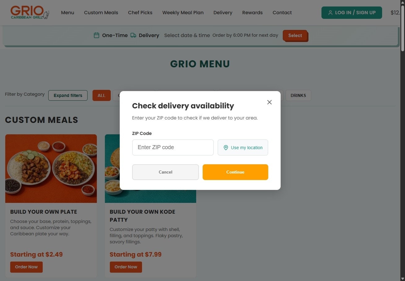 GRIO Caribbean Grill — menu with delivery zip modal