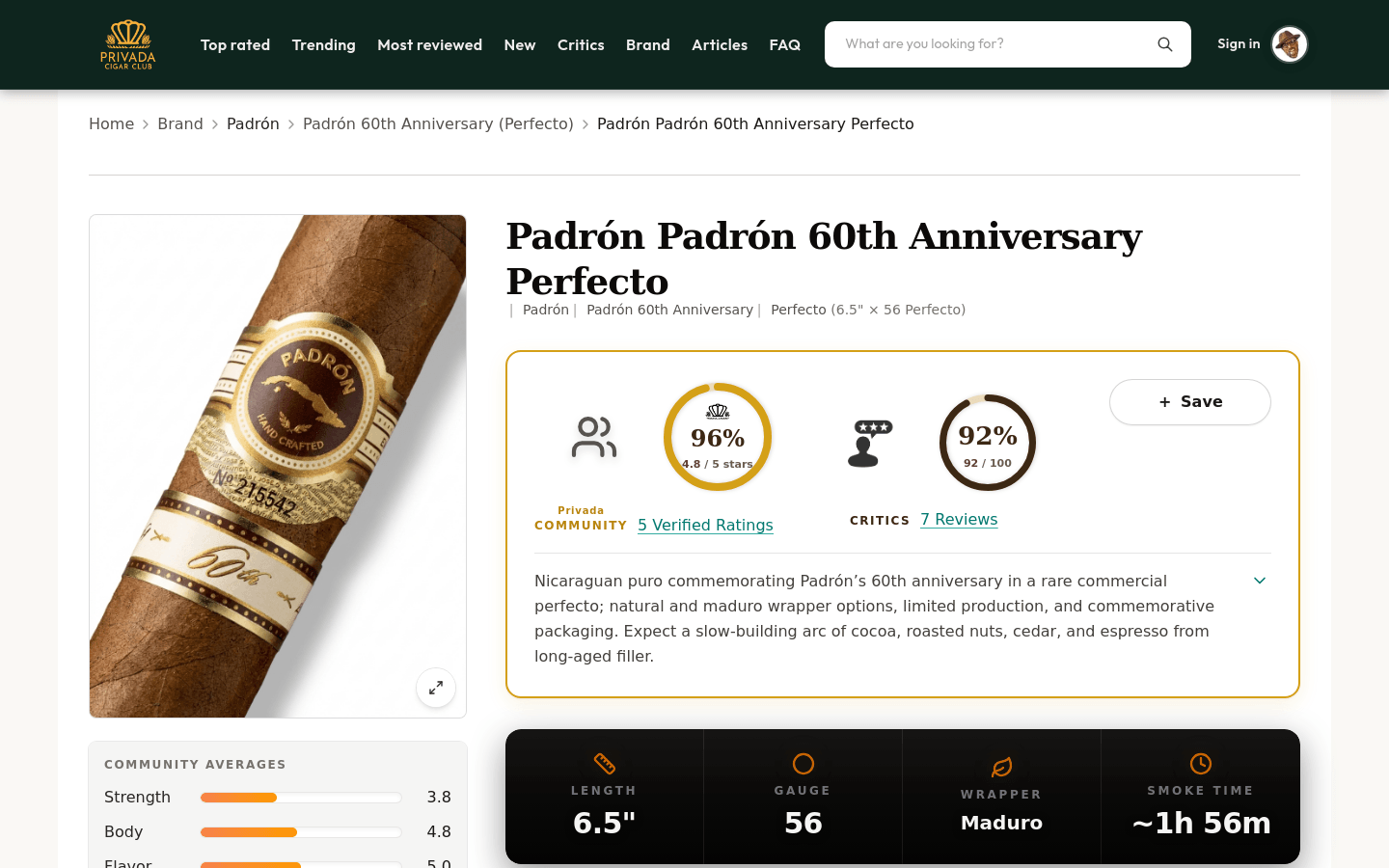 Privada ratings hub — cigar detail page