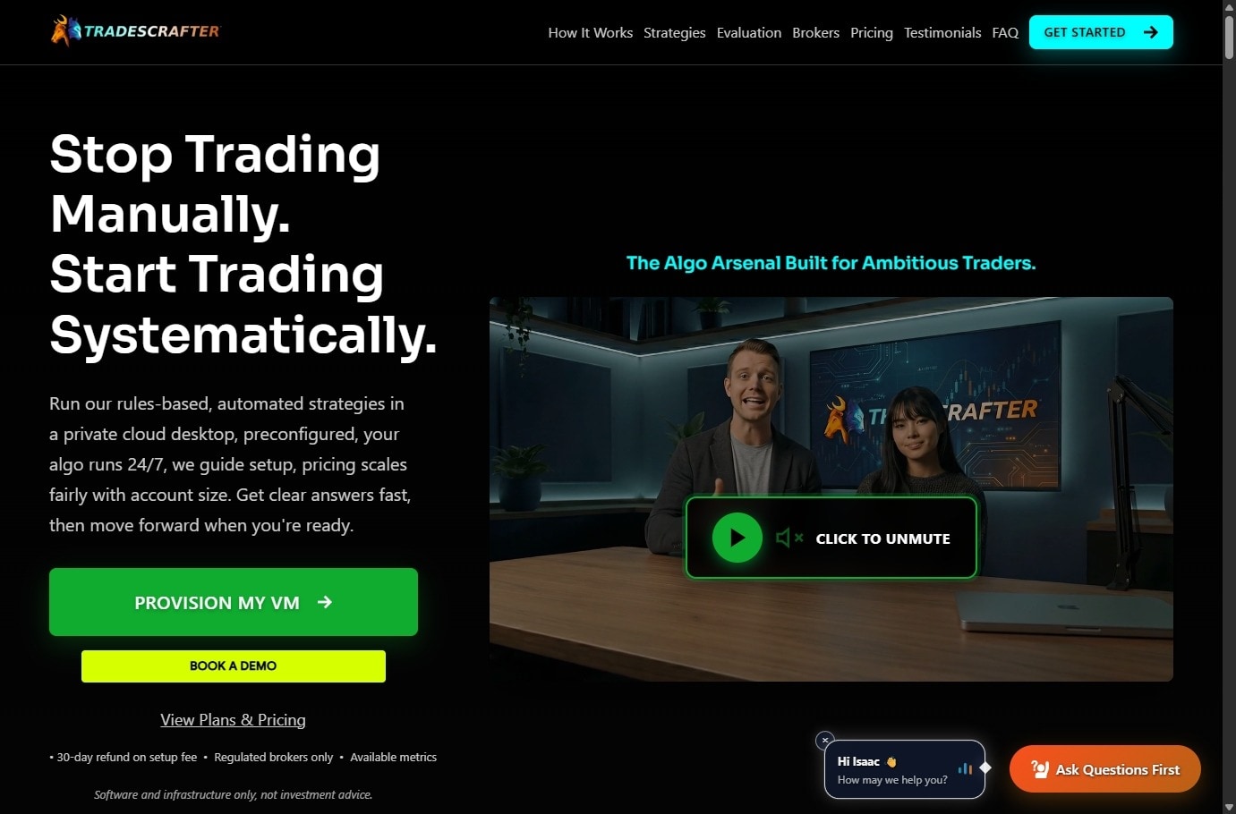 TradesCrafter welcome funnel — hero with floating voice lead capture