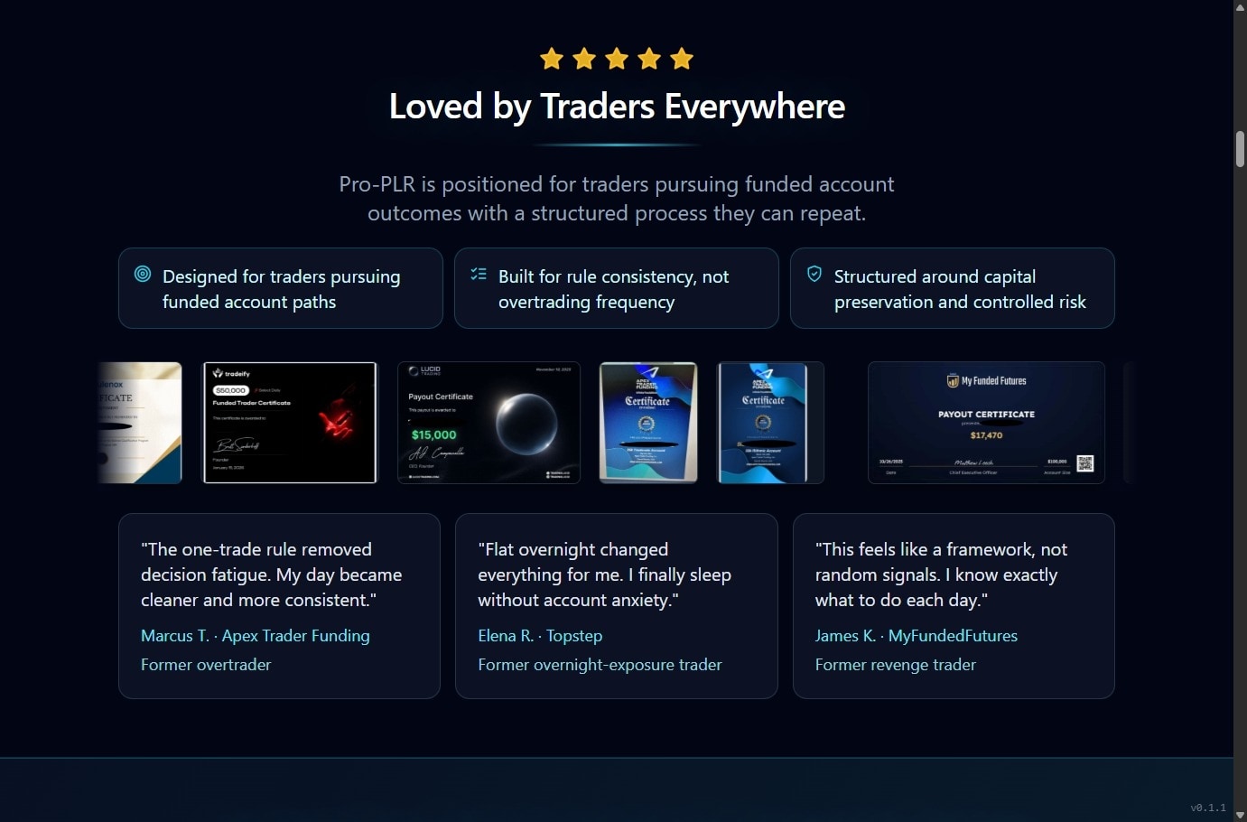 TradesCrafter Pro-PLR funnel — payout certificates and trader testimonials