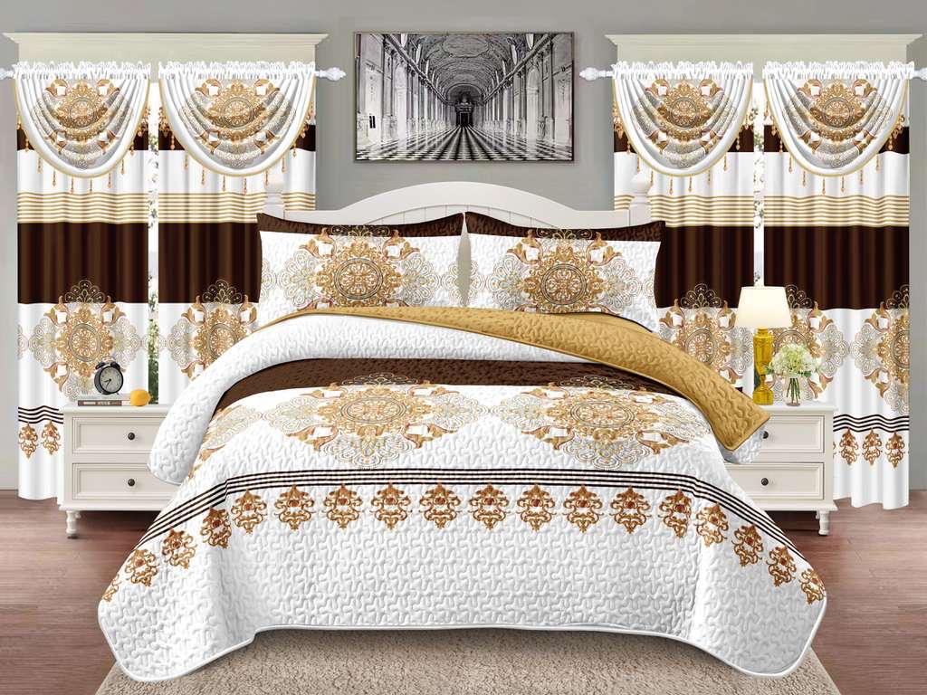 Brown and Gold Medallion 7-Piece King Bedding and Curtain Set