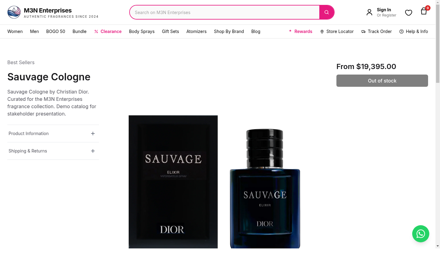M3N Enterprises — product detail page for designer cologne