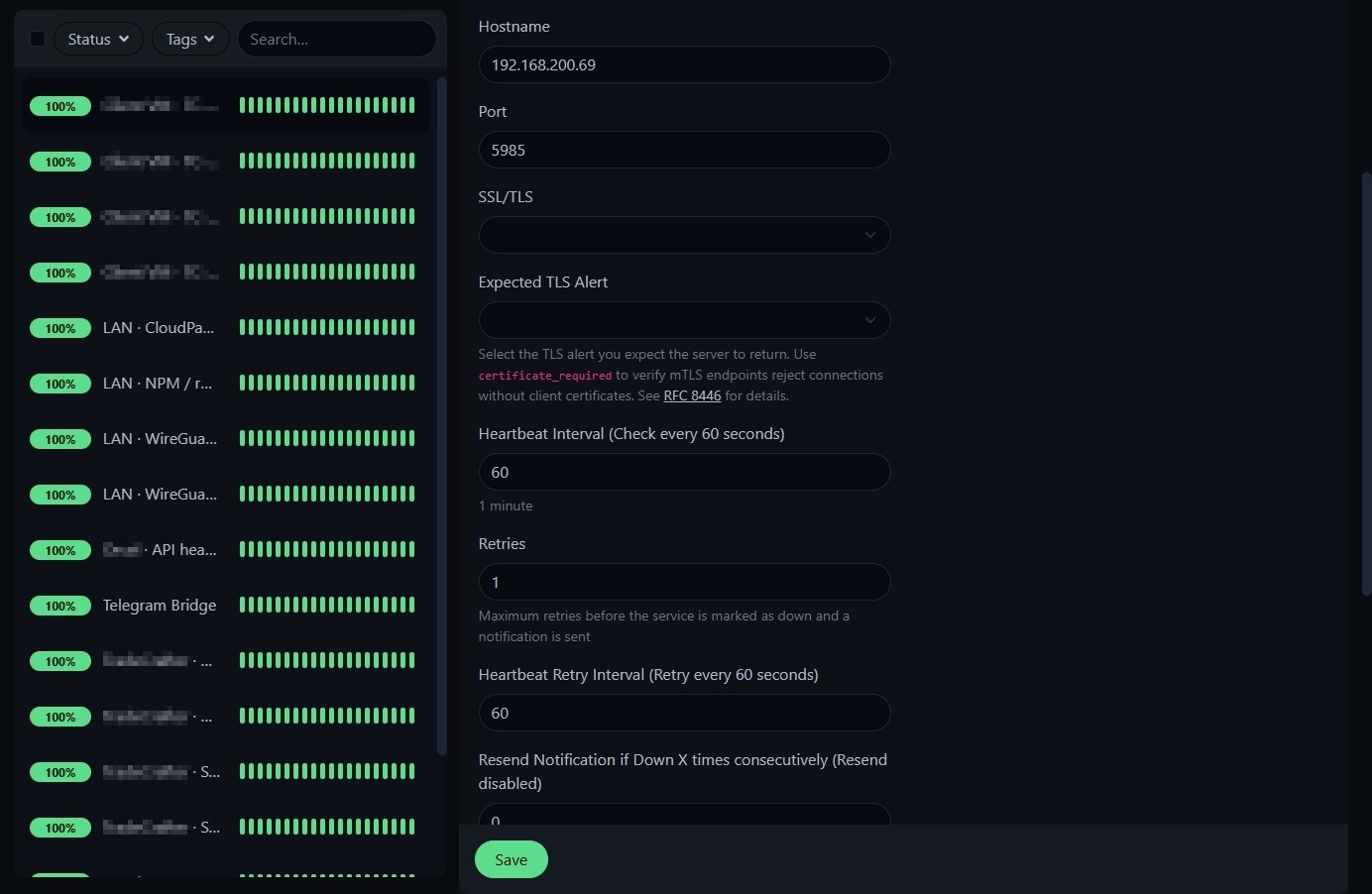 Service health monitoring — per-service heartbeat, retry, and TLS check settings